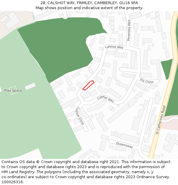 28, CALSHOT WAY, FRIMLEY, CAMBERLEY, GU16 9FA: Location map and indicative extent of plot