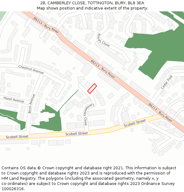 28, CAMBERLEY CLOSE, TOTTINGTON, BURY, BL8 3EA: Location map and indicative extent of plot