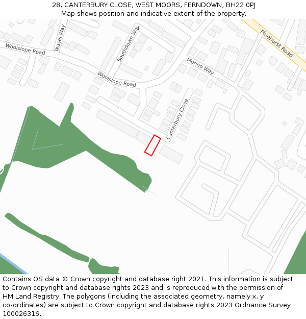 28, CANTERBURY CLOSE, WEST MOORS, FERNDOWN, BH22 0PJ: Location map and indicative extent of plot