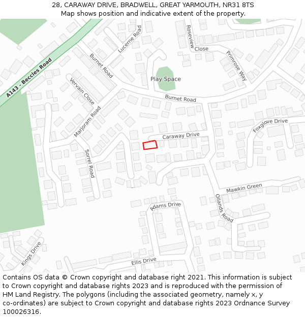 28, CARAWAY DRIVE, BRADWELL, GREAT YARMOUTH, NR31 8TS: Location map and indicative extent of plot