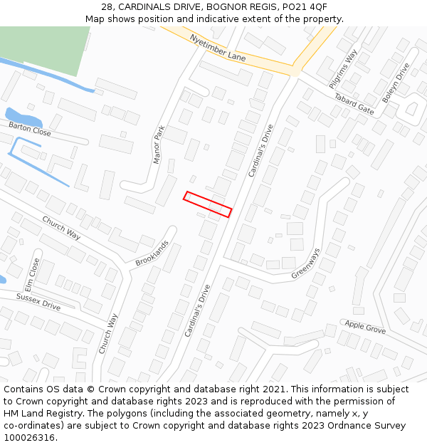 28, CARDINALS DRIVE, BOGNOR REGIS, PO21 4QF: Location map and indicative extent of plot