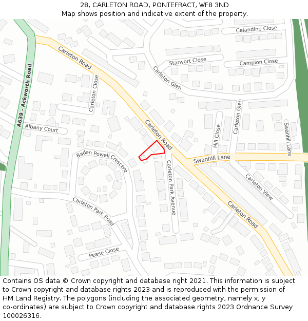 28, CARLETON ROAD, PONTEFRACT, WF8 3ND: Location map and indicative extent of plot