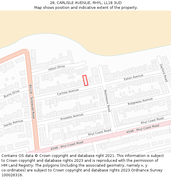 28, CARLISLE AVENUE, RHYL, LL18 3UD: Location map and indicative extent of plot