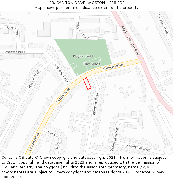 28, CARLTON DRIVE, WIGSTON, LE18 1DF: Location map and indicative extent of plot