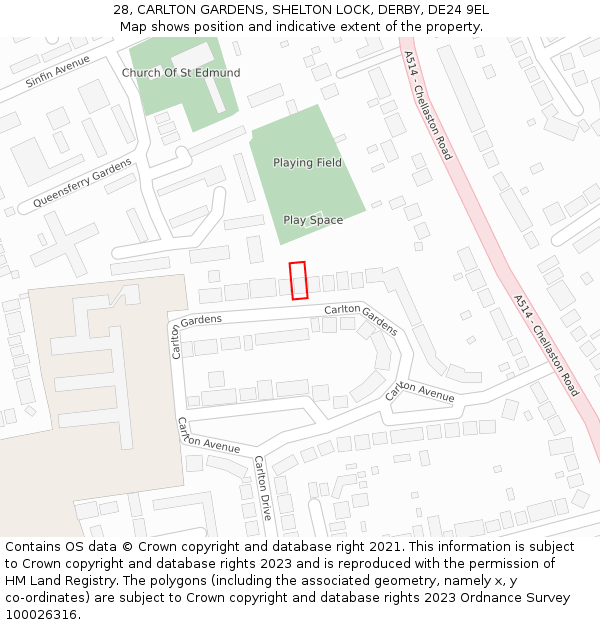 28, CARLTON GARDENS, SHELTON LOCK, DERBY, DE24 9EL: Location map and indicative extent of plot