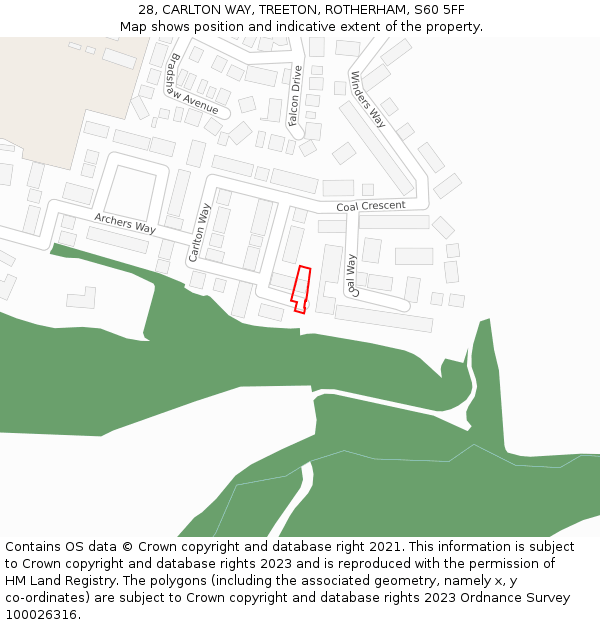 28, CARLTON WAY, TREETON, ROTHERHAM, S60 5FF: Location map and indicative extent of plot