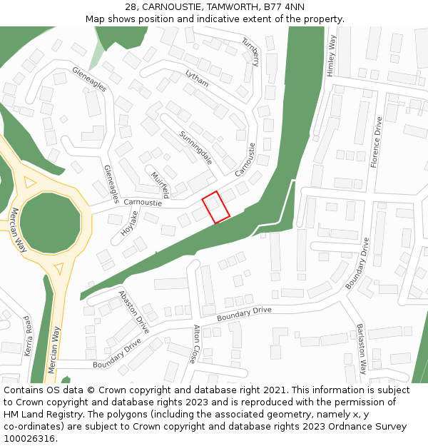 28, CARNOUSTIE, TAMWORTH, B77 4NN: Location map and indicative extent of plot