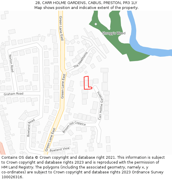 28, CARR HOLME GARDENS, CABUS, PRESTON, PR3 1LY: Location map and indicative extent of plot