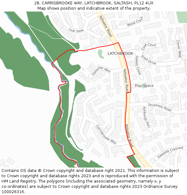 28, CARRISBROOKE WAY, LATCHBROOK, SALTASH, PL12 4UX: Location map and indicative extent of plot