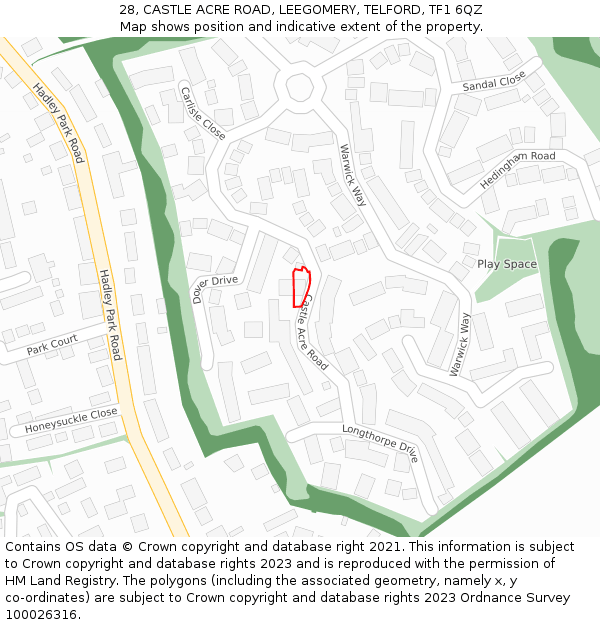 28, CASTLE ACRE ROAD, LEEGOMERY, TELFORD, TF1 6QZ: Location map and indicative extent of plot