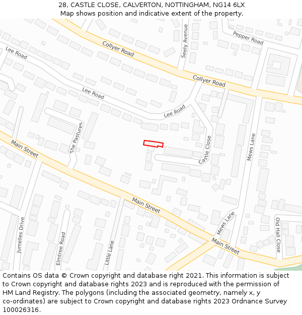 28, CASTLE CLOSE, CALVERTON, NOTTINGHAM, NG14 6LX: Location map and indicative extent of plot