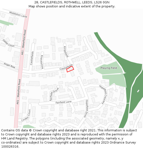28, CASTLEFIELDS, ROTHWELL, LEEDS, LS26 0GN: Location map and indicative extent of plot