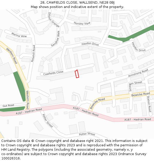 28, CAWFIELDS CLOSE, WALLSEND, NE28 0BJ: Location map and indicative extent of plot