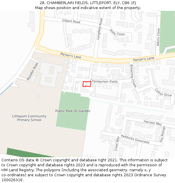 28, CHAMBERLAIN FIELDS, LITTLEPORT, ELY, CB6 1FJ: Location map and indicative extent of plot