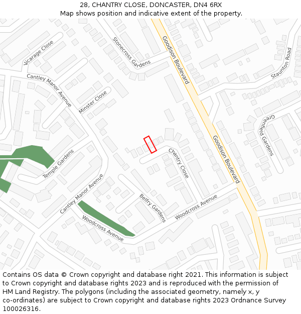 28, CHANTRY CLOSE, DONCASTER, DN4 6RX: Location map and indicative extent of plot