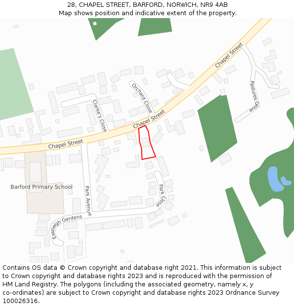 28, CHAPEL STREET, BARFORD, NORWICH, NR9 4AB: Location map and indicative extent of plot