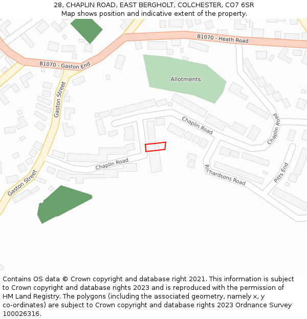 28, CHAPLIN ROAD, EAST BERGHOLT, COLCHESTER, CO7 6SR: Location map and indicative extent of plot