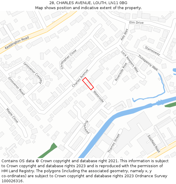 28, CHARLES AVENUE, LOUTH, LN11 0BG: Location map and indicative extent of plot