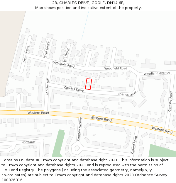 28, CHARLES DRIVE, GOOLE, DN14 6RJ: Location map and indicative extent of plot