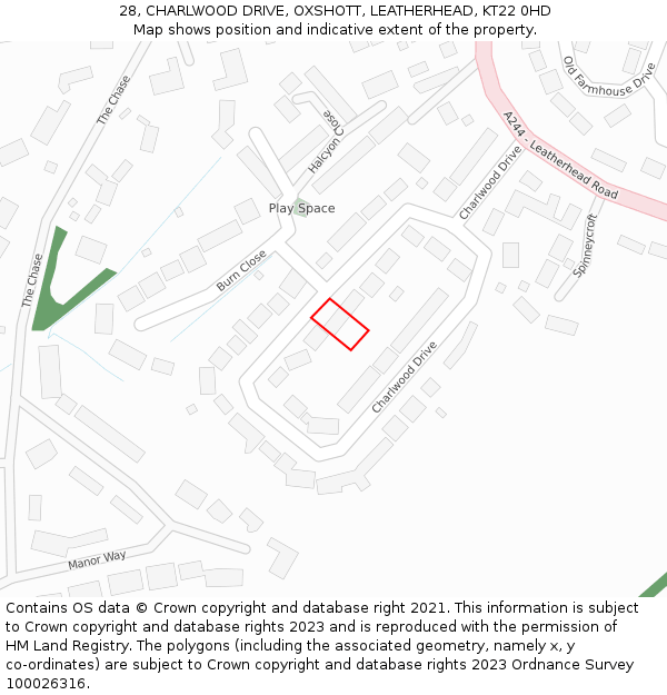 28, CHARLWOOD DRIVE, OXSHOTT, LEATHERHEAD, KT22 0HD: Location map and indicative extent of plot