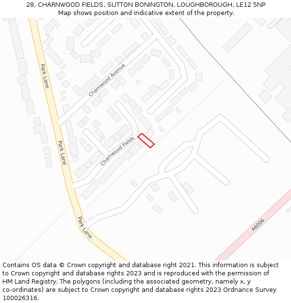 28, CHARNWOOD FIELDS, SUTTON BONINGTON, LOUGHBOROUGH, LE12 5NP: Location map and indicative extent of plot