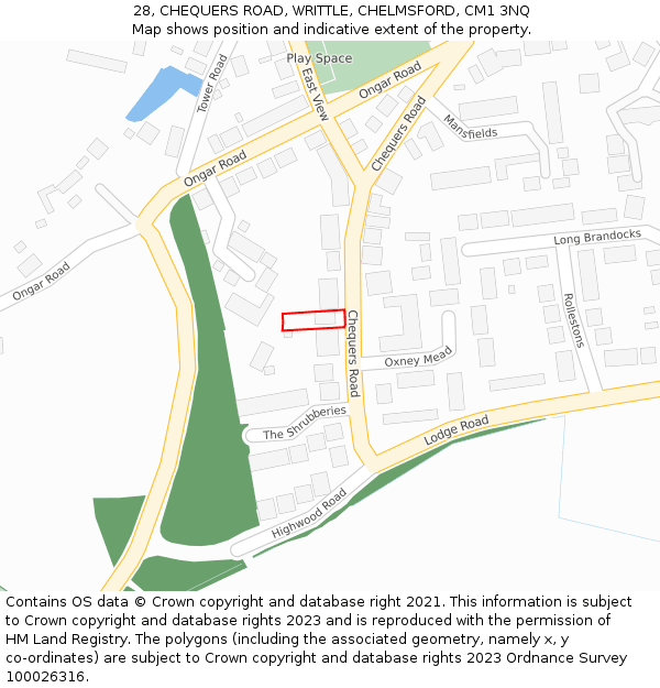 28, CHEQUERS ROAD, WRITTLE, CHELMSFORD, CM1 3NQ: Location map and indicative extent of plot