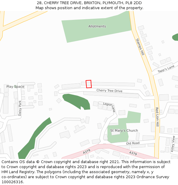 28, CHERRY TREE DRIVE, BRIXTON, PLYMOUTH, PL8 2DD: Location map and indicative extent of plot