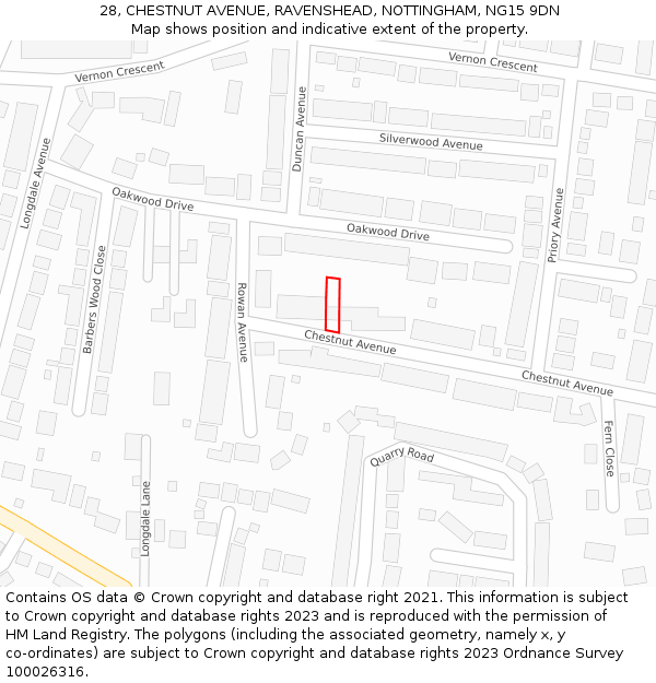28, CHESTNUT AVENUE, RAVENSHEAD, NOTTINGHAM, NG15 9DN: Location map and indicative extent of plot