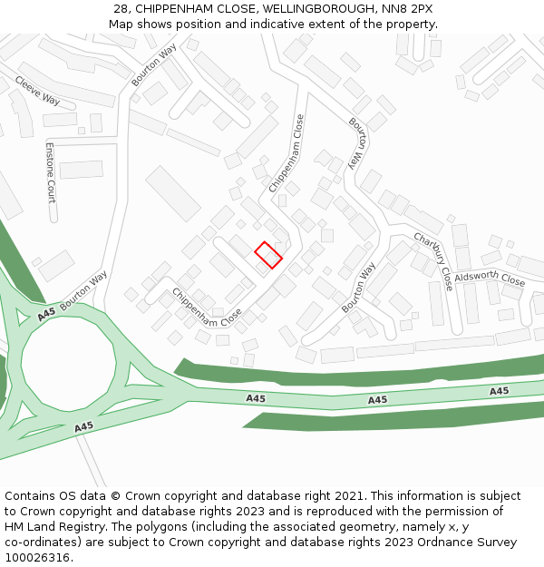 28, CHIPPENHAM CLOSE, WELLINGBOROUGH, NN8 2PX: Location map and indicative extent of plot