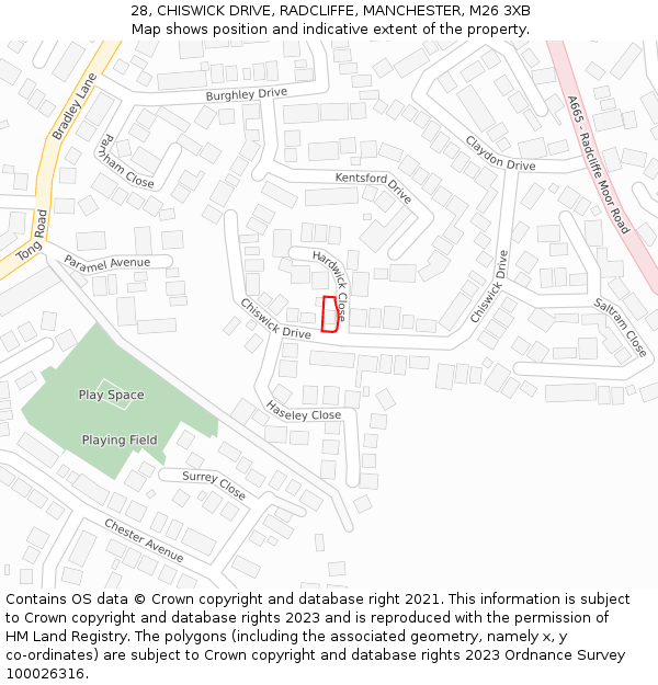 28, CHISWICK DRIVE, RADCLIFFE, MANCHESTER, M26 3XB: Location map and indicative extent of plot