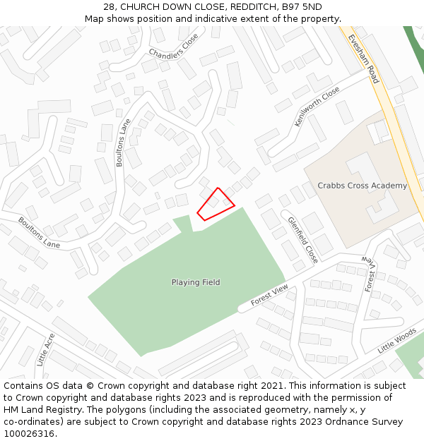 28, CHURCH DOWN CLOSE, REDDITCH, B97 5ND: Location map and indicative extent of plot