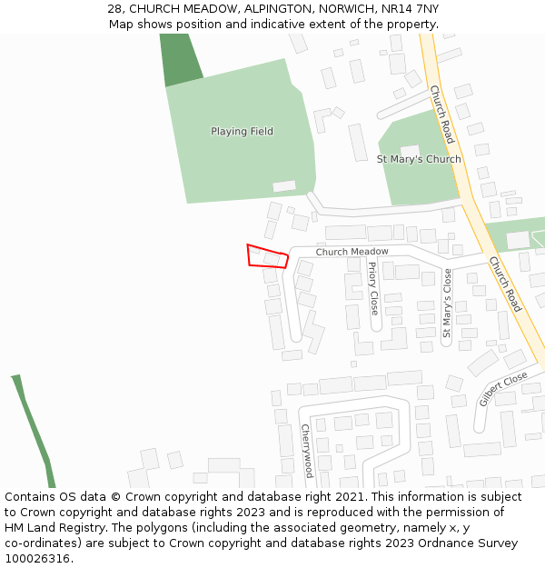 28, CHURCH MEADOW, ALPINGTON, NORWICH, NR14 7NY: Location map and indicative extent of plot