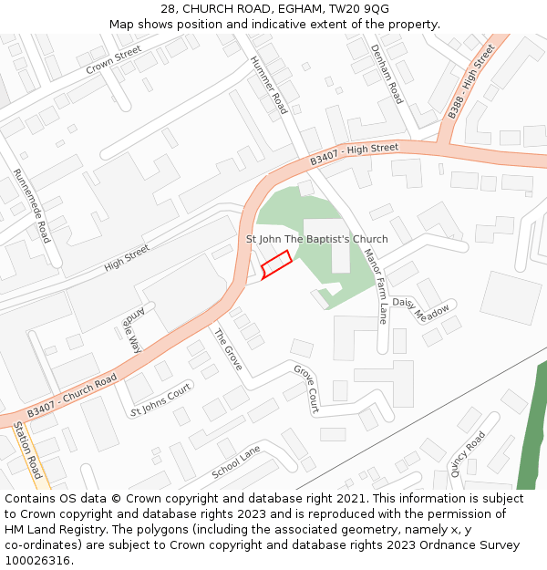 28, CHURCH ROAD, EGHAM, TW20 9QG: Location map and indicative extent of plot