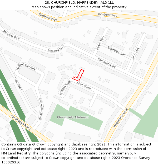 28, CHURCHFIELD, HARPENDEN, AL5 1LL: Location map and indicative extent of plot