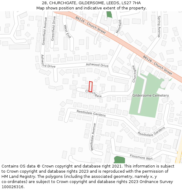 28, CHURCHGATE, GILDERSOME, LEEDS, LS27 7HA: Location map and indicative extent of plot