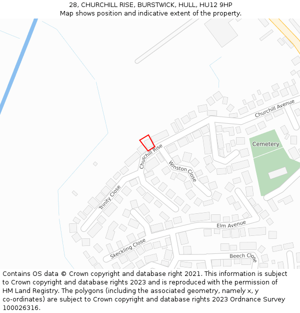 28, CHURCHILL RISE, BURSTWICK, HULL, HU12 9HP: Location map and indicative extent of plot