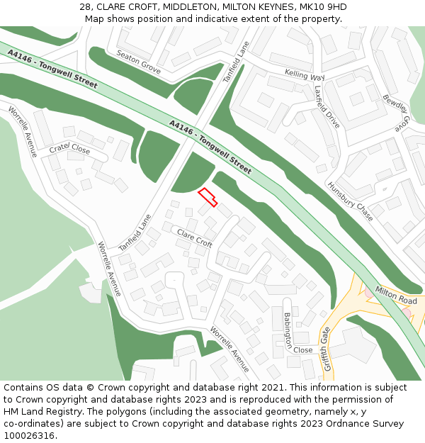 28, CLARE CROFT, MIDDLETON, MILTON KEYNES, MK10 9HD: Location map and indicative extent of plot