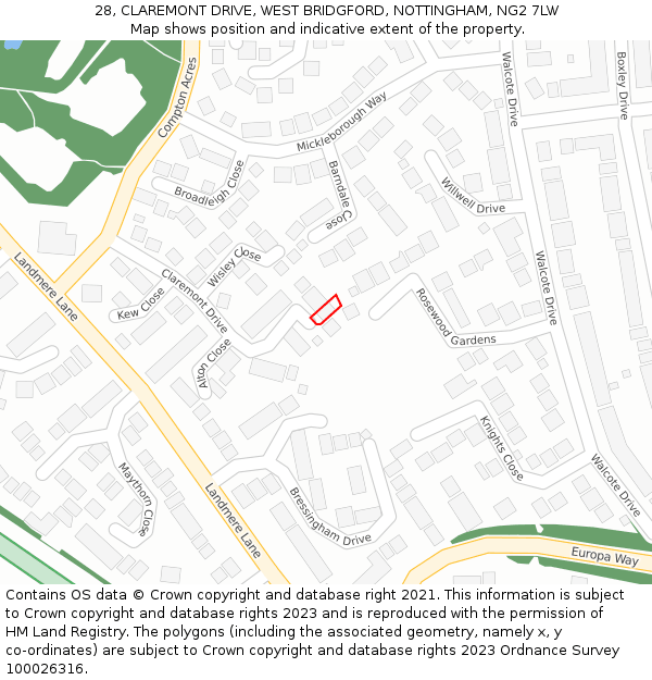 28, CLAREMONT DRIVE, WEST BRIDGFORD, NOTTINGHAM, NG2 7LW: Location map and indicative extent of plot