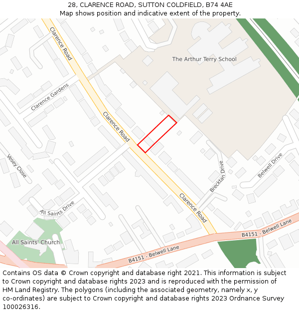 28, CLARENCE ROAD, SUTTON COLDFIELD, B74 4AE: Location map and indicative extent of plot