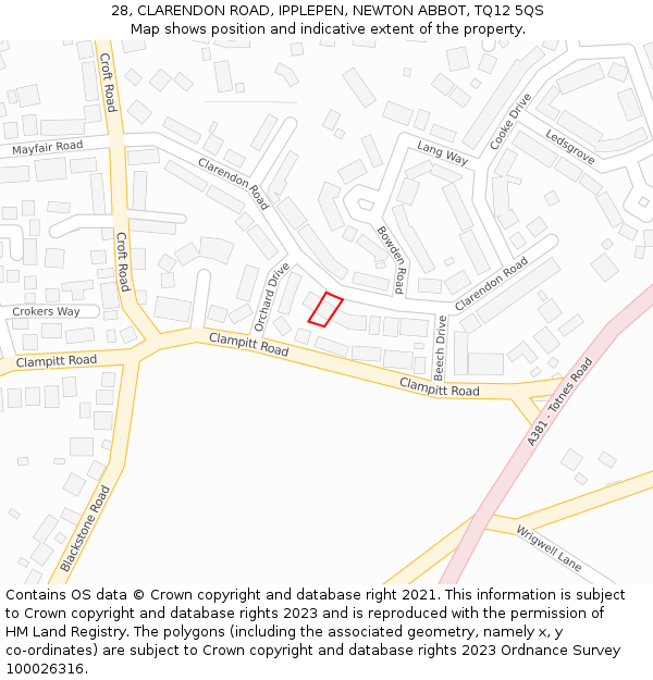 28, CLARENDON ROAD, IPPLEPEN, NEWTON ABBOT, TQ12 5QS: Location map and indicative extent of plot