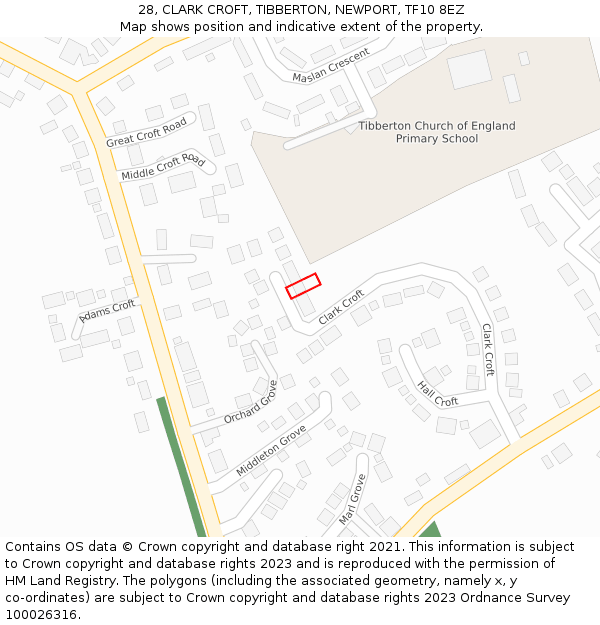 28, CLARK CROFT, TIBBERTON, NEWPORT, TF10 8EZ: Location map and indicative extent of plot