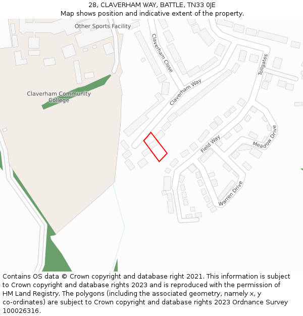 28, CLAVERHAM WAY, BATTLE, TN33 0JE: Location map and indicative extent of plot
