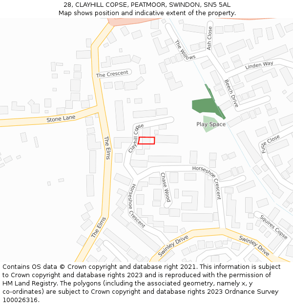 28, CLAYHILL COPSE, PEATMOOR, SWINDON, SN5 5AL: Location map and indicative extent of plot