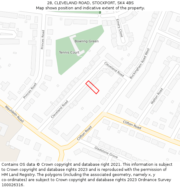 28, CLEVELAND ROAD, STOCKPORT, SK4 4BS: Location map and indicative extent of plot