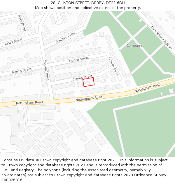 28, CLINTON STREET, DERBY, DE21 6DH: Location map and indicative extent of plot