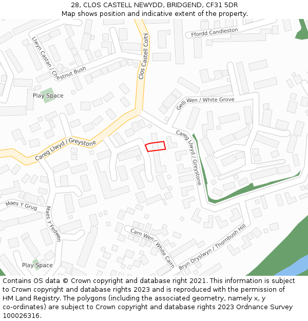28, CLOS CASTELL NEWYDD, BRIDGEND, CF31 5DR: Location map and indicative extent of plot