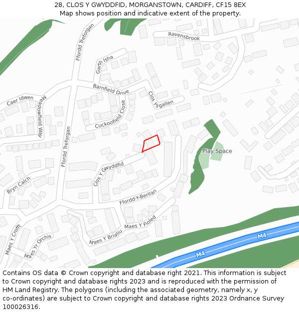 28, CLOS Y GWYDDFID, MORGANSTOWN, CARDIFF, CF15 8EX: Location map and indicative extent of plot