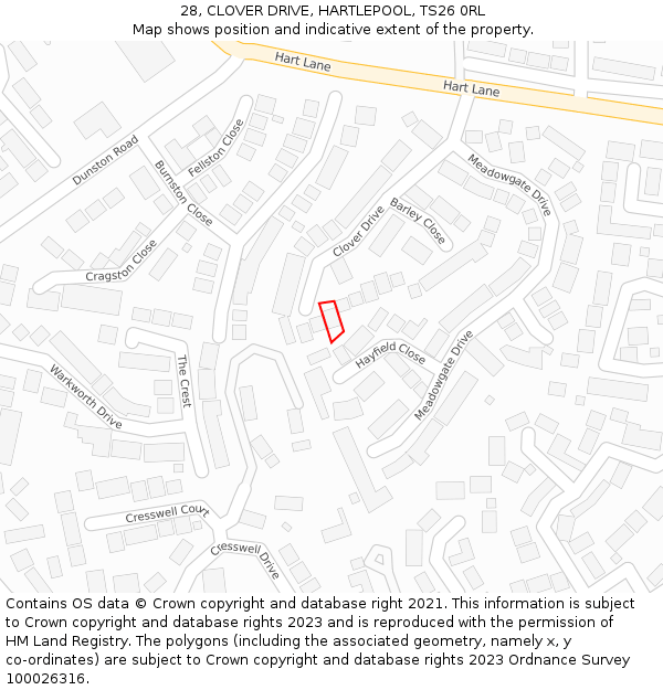 28, CLOVER DRIVE, HARTLEPOOL, TS26 0RL: Location map and indicative extent of plot
