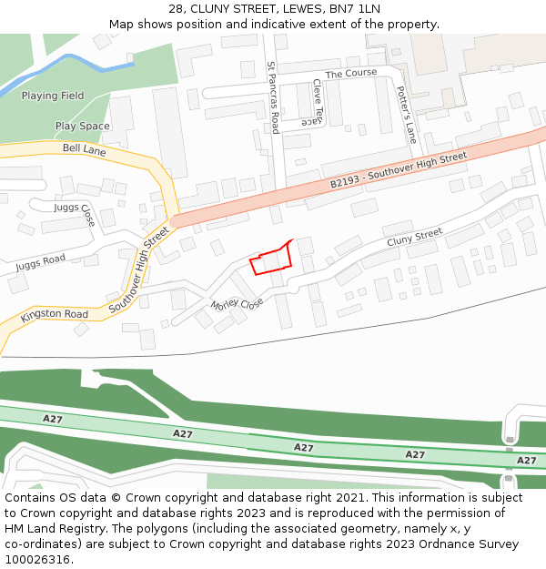 28, CLUNY STREET, LEWES, BN7 1LN: Location map and indicative extent of plot