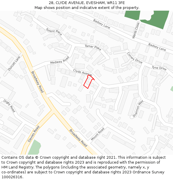 28, CLYDE AVENUE, EVESHAM, WR11 3FE: Location map and indicative extent of plot